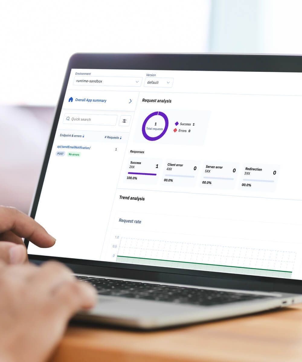 Hand analyzing runtime sandbox dashboard with request analysis on a laptop screen - Neutrinos