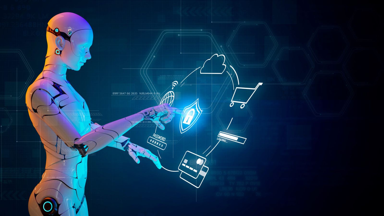 futuristic ai robot interacting with digital interfaces, representing intelligent automation in enterprise workflows - Neutrinos