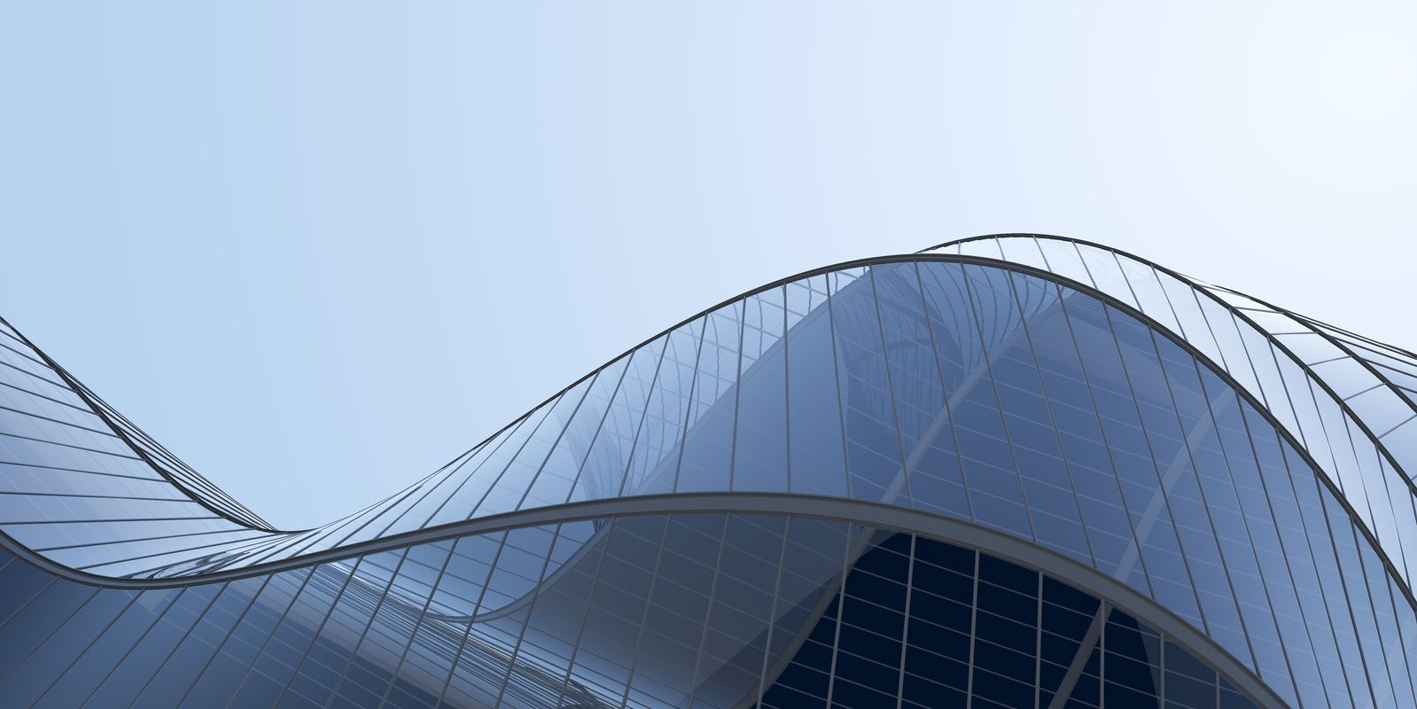Low angle view of futuristic architecture, Skyscraper of office building with curve glass window, 3D rendering.