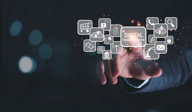 Businessman interacting with floating digital icons representing digital transformation and technology solutions – Neutrinos