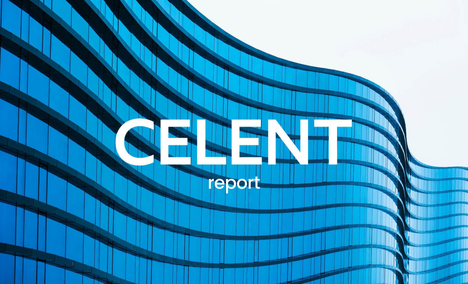 Celent report text overlaid on a modern blue glass office building with curved architecture – Neutrinos