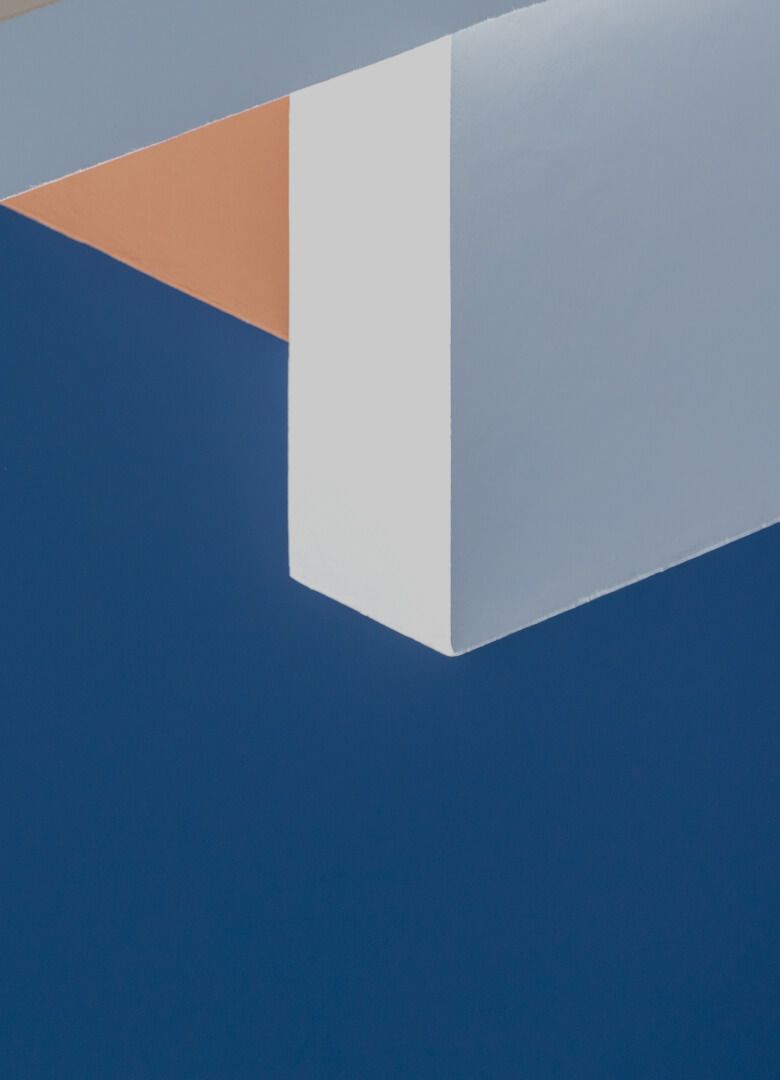 Minimalist geometric architectural design with bold blue and orange shapes - Neutrinos
