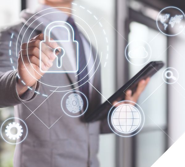Business professional using a tablet with virtual cybersecurity icons, including a lock, fingerprint, and globe – Neutrinos