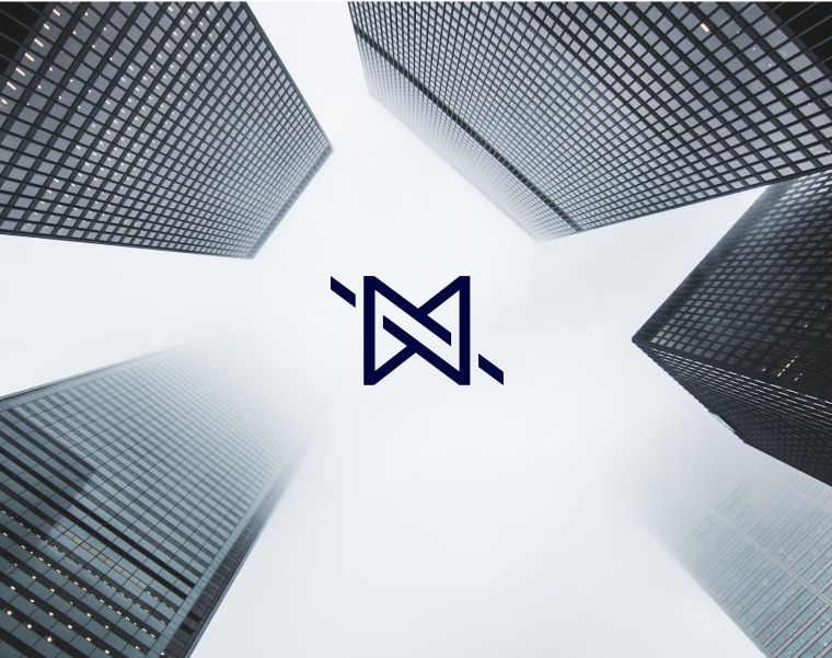 Abstract Neutrinos logo centered among skyscrapers fading into the fog, symbolizing digital transformation in insurance- Neutrinos