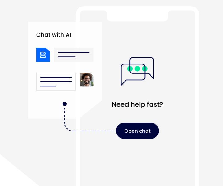 AI-powered customer support chat interface with open chat prompt – Neutrinos