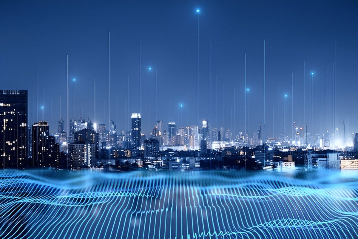 Futuristic city skyline with digital wave and glowing data points representing smart technology solutions - Neutrinos