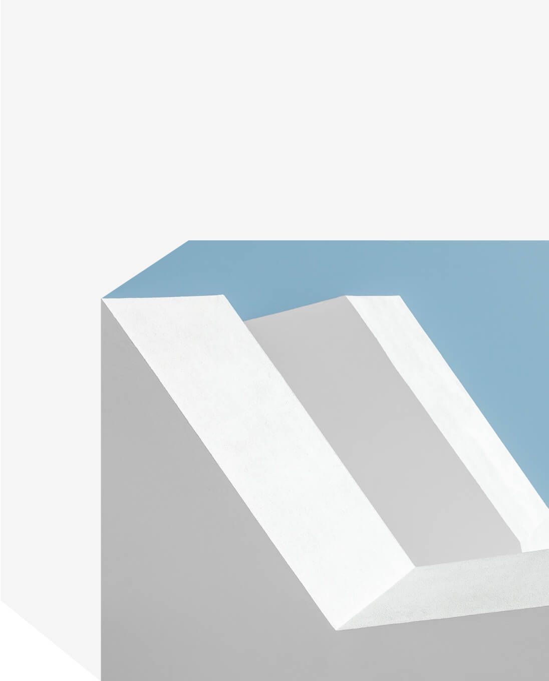 Minimalist architectural structure with white geometric forms against light blue  background - Neutrinos